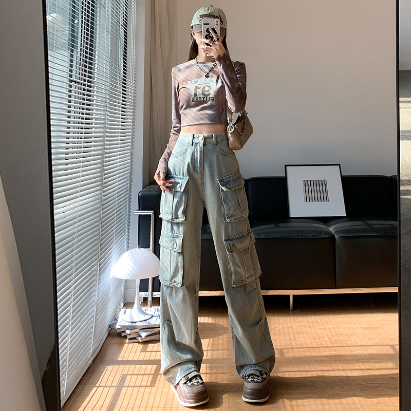Real shot of pocket cargo jeans for women 2024 early spring new straight-leg American high street loose wide-leg pants