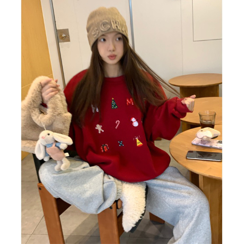 Huamian Shimao Christmas outfit with atmospheric printed red round neck sweatshirt