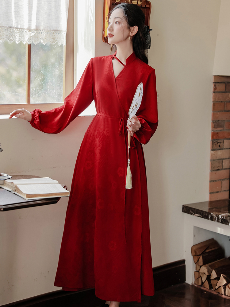 New Chinese style women's red youthful temperament dress autumn dress long skirt
