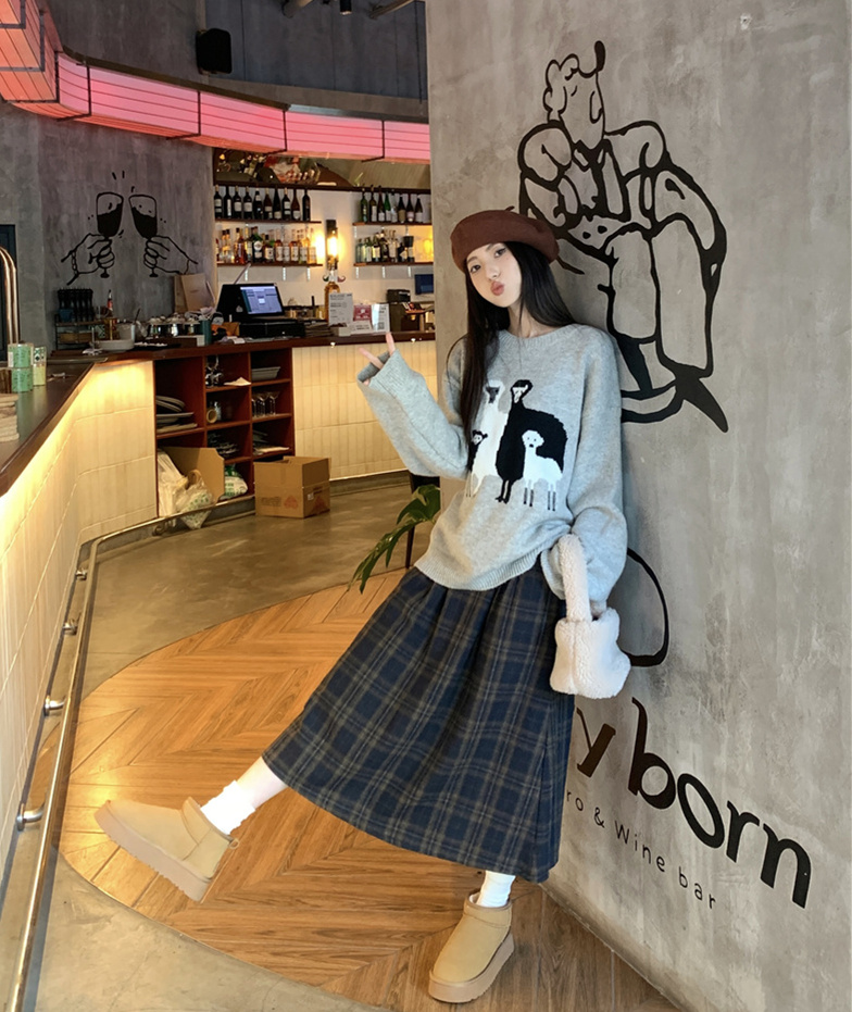 Actual shot of round neck jacquard lamb loose lazy style pullover sweater + retro plaid skirt