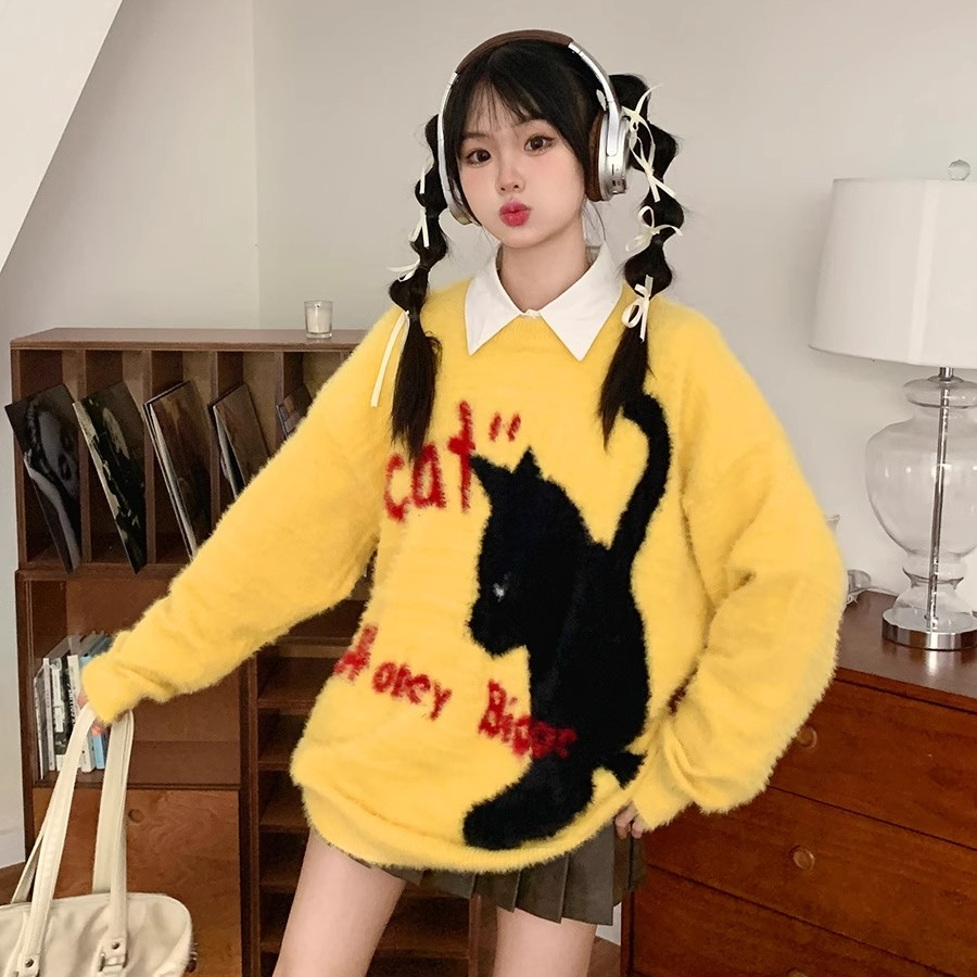 Japanese cute lazy style cartoon cat sweater for men and women autumn and winter new sweet cool Y2K hot girl style sweater