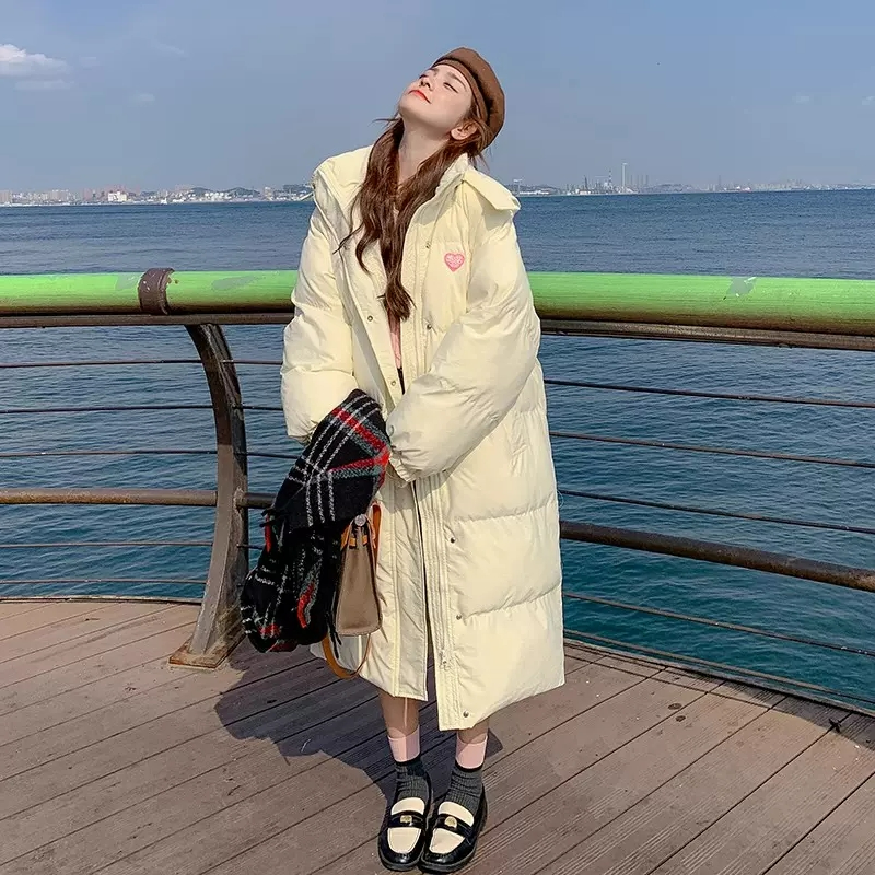 -Big deal~Korean style white down cotton coat with milky heart embroidery mid-length bread coat and cotton coat