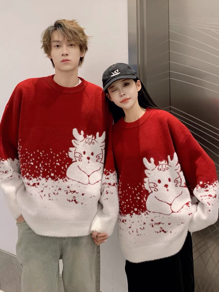 Couple Outfit Red Year of the Dragon Zodiac Year Sweater Men's Autumn and Winter 2024 New Year Clothes Festive Lazy Style Knitted Sweater