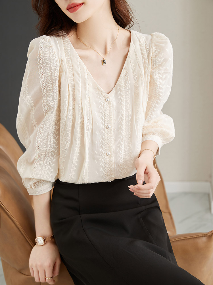 Design niche lace long-sleeved shirt for women 2024 spring and autumn new embroidered shirt bottoming shirt French top