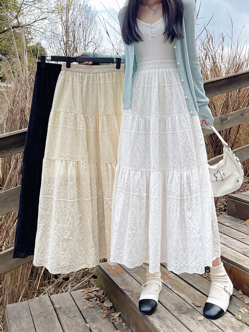 Actual shot ~ 2024 new French retro elastic waist pure cotton embroidered long skirt hollow skirt A-line skirt for women