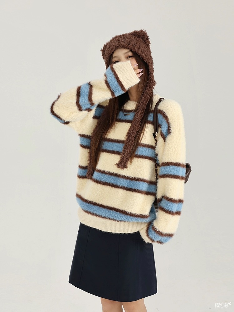 Retro mohair contrast striped round neck sweater for women in autumn and winter loose casual lazy style couple knitted sweater