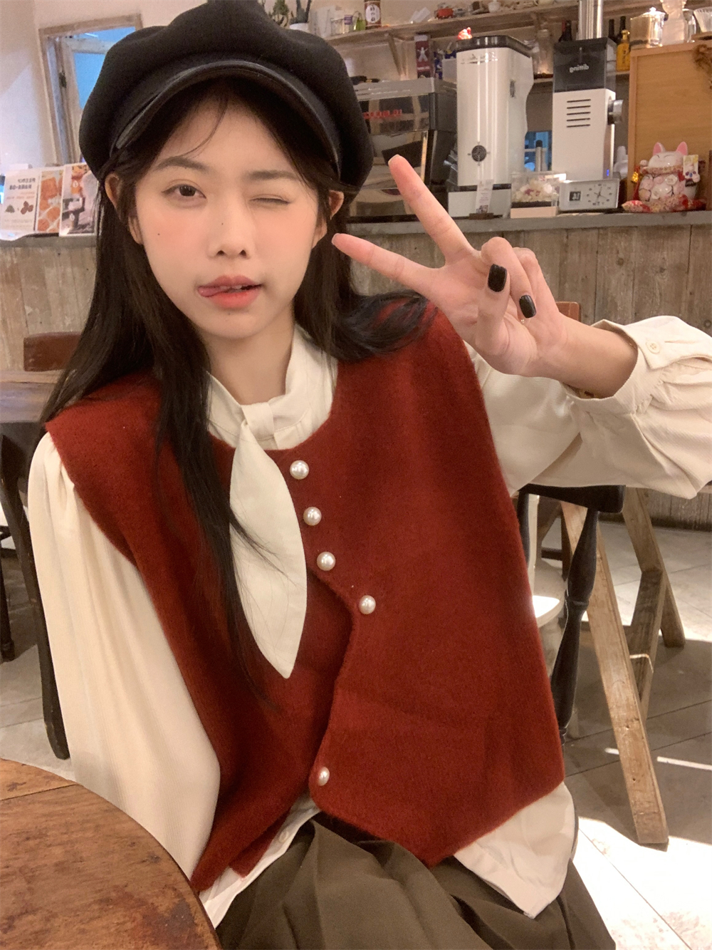 實拍兩件套毛衣套裝女立領長袖襯衫不規則針織扣毛衣馬甲背心