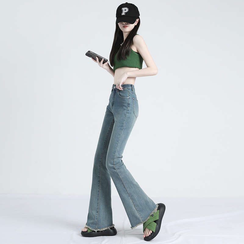 High waisted raw edge flared jeans for women micro-flared spring and autumn 2024 new slim fit retro trousers trousers & extensions