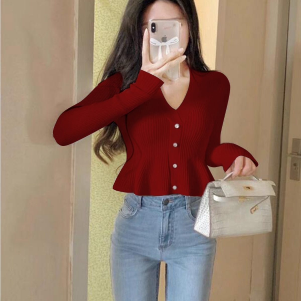 Xiaoxiangfeng red sweater women's 2023 autumn and winter new style slimming and age-reducing v-neck bottoming shirt top