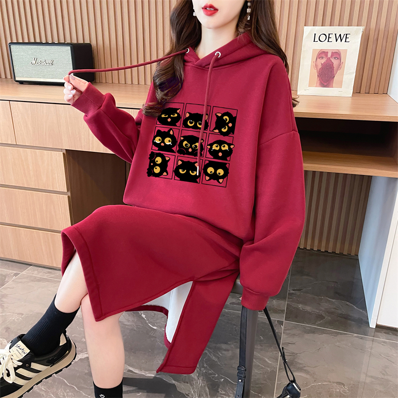 Actual shot of autumn and winter Korean style loose Chinese cotton composite 400g hooded printed over-the-knee dress plus velvet sweatshirt for women