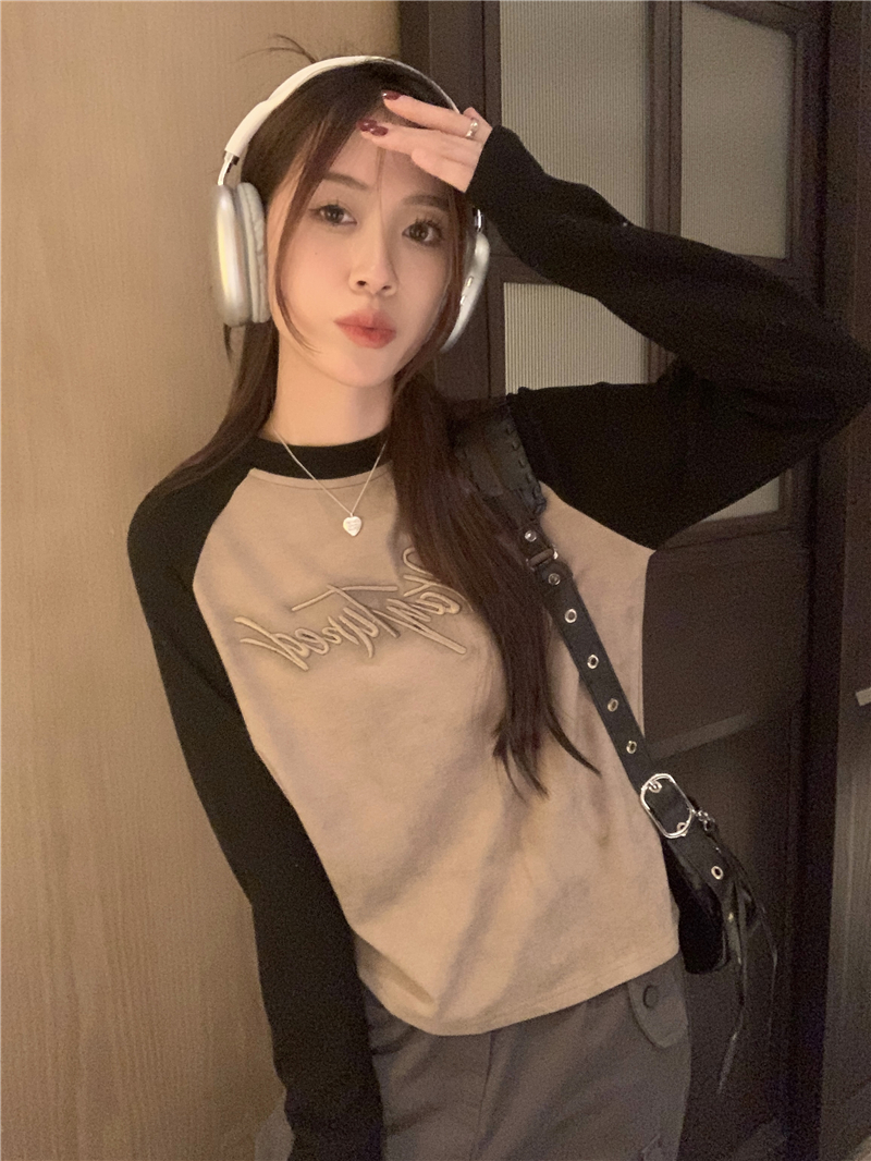 Real shot American retro slim long-sleeved T-shirt 2023 autumn and winter plus velvet inner base top