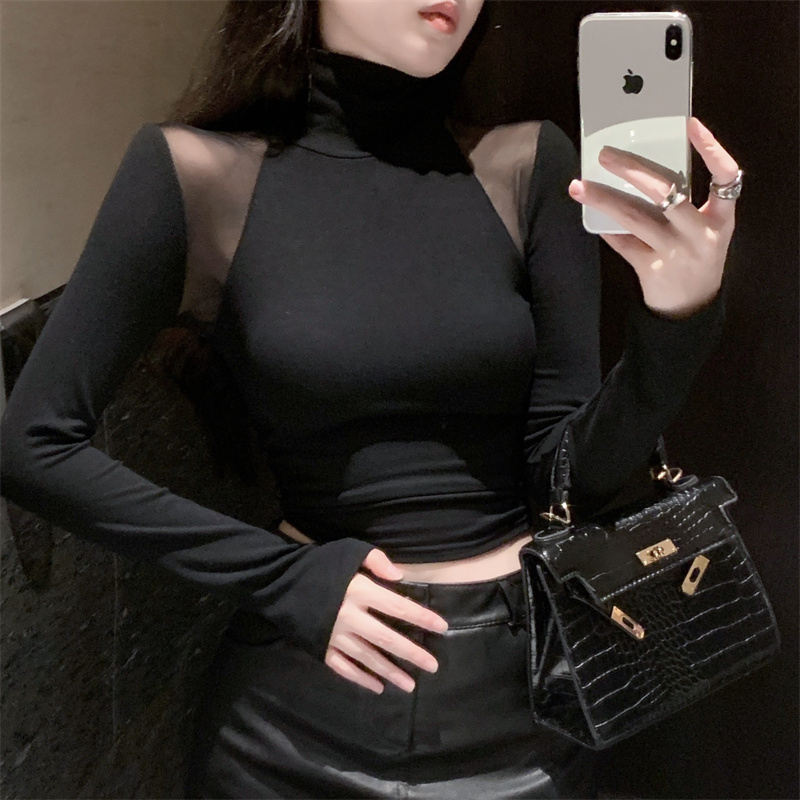 莫代爾 純欲辣妹性感網紗透視露肩上衣女秋冬高領蕾絲打底衫內搭