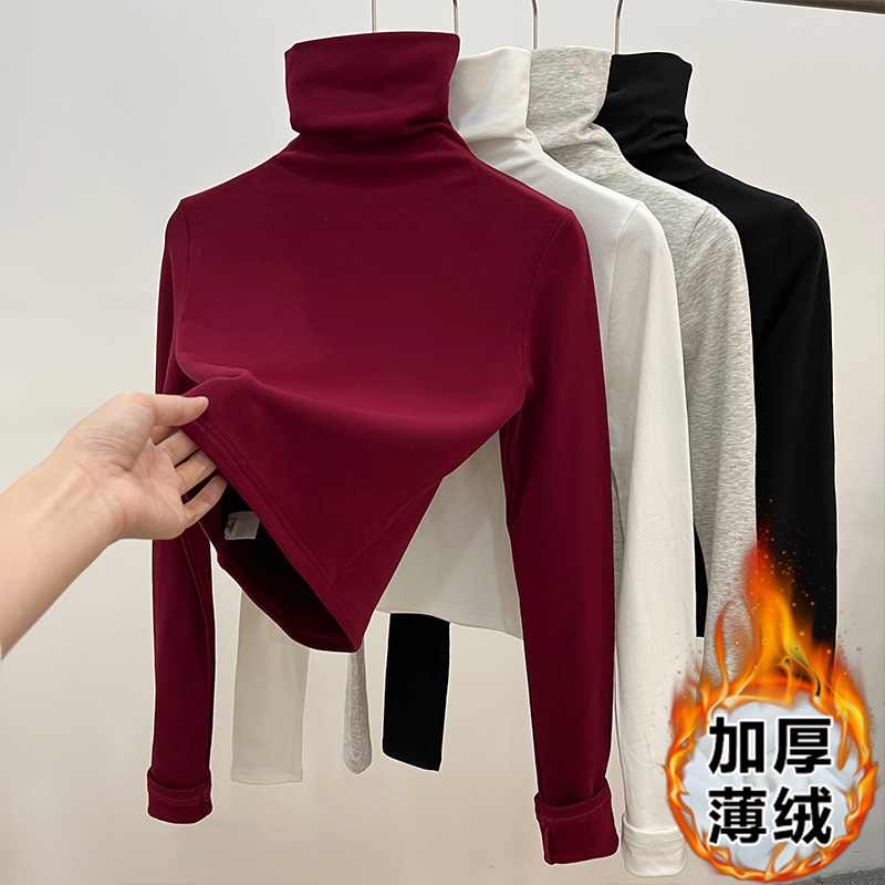 Actual shot of Korean style solid color western style T-shirt for women in autumn and winter, right shoulder, stacked collar, thickened, versatile bottoming long-sleeved top