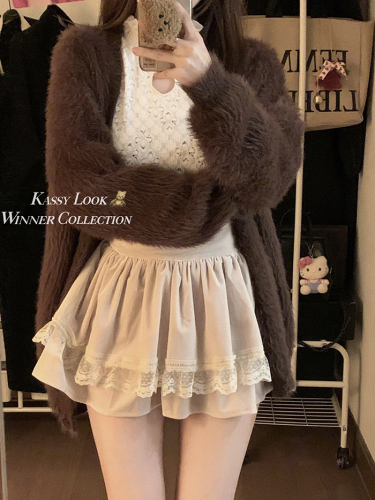 Actual shot ~ Autumn and winter new Korean style versatile velvet fluffy lace high waist cake skirt for women