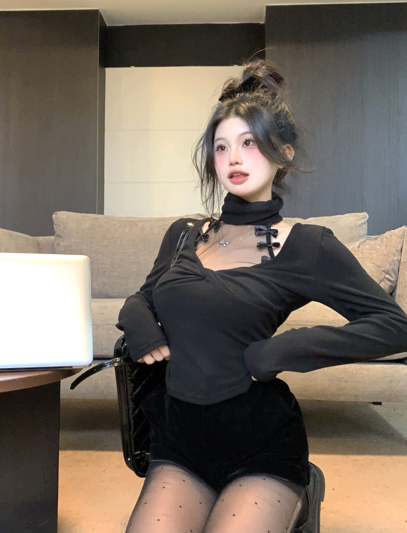 實拍 ~柔霧月光網紗拼接設計感上衣打底衫小心機