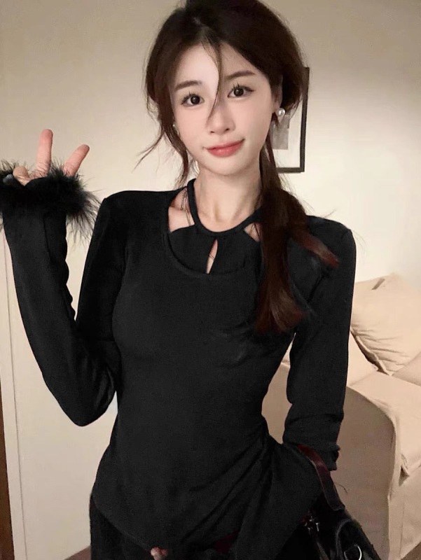 高級重工毛毛磨毛鏤空掛脖女上衣秋季修身長袖T恤心機顯瘦打底衫