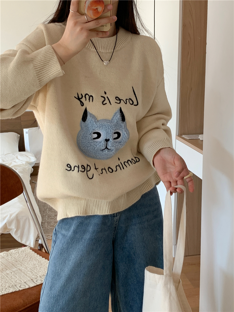 實拍 馬海毛甜美可愛貓刺繡套頭毛衣女寬鬆上衣