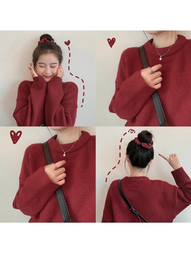 New Year's Red Sweater Women's Loose Korean Style 2023 Autumn and Winter New Lazy Retro Hong Kong Style Pullover Top Versatile