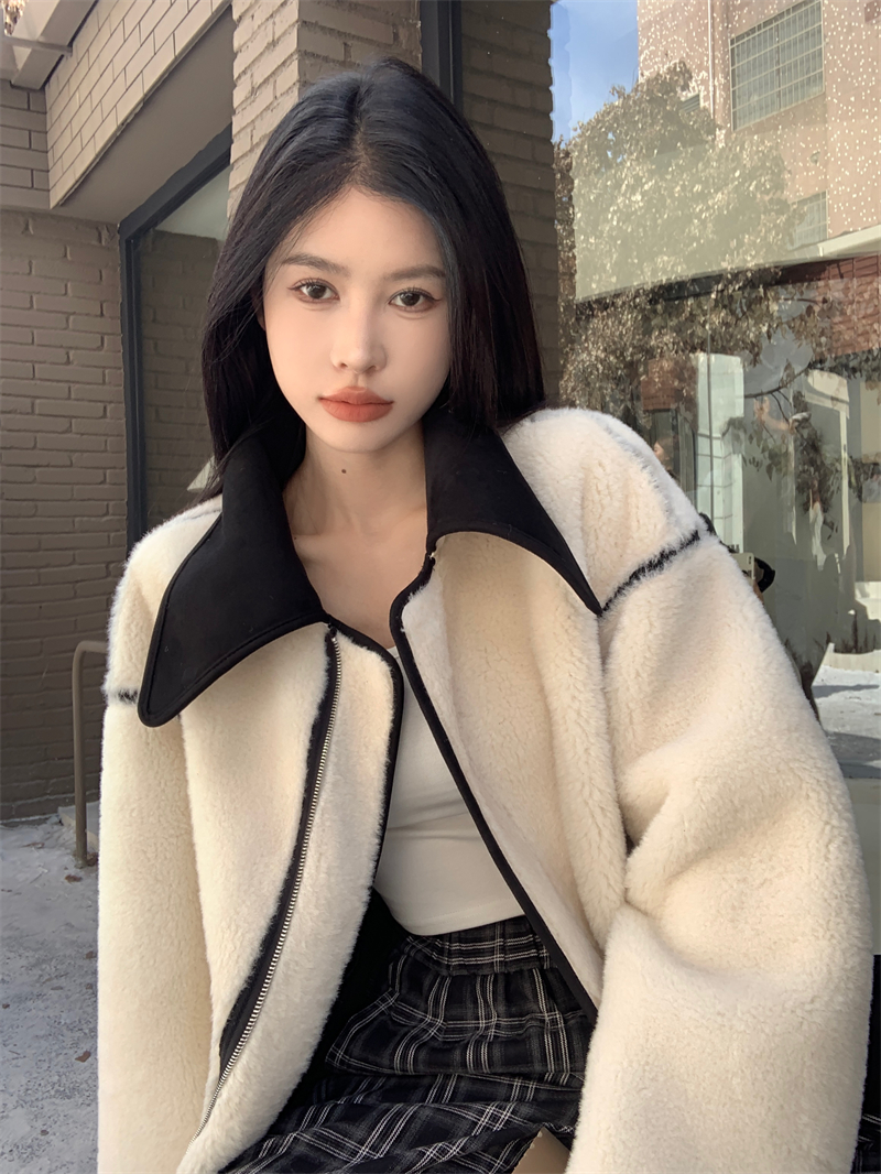 Actual shot of autumn and winter loose suede fur one-piece reversible lambswool coat