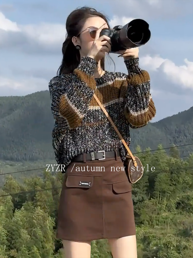 秋裝短款條紋毛衣女秋冬2023新款寬鬆慵懶風軟糯套頭針織衫上衣女