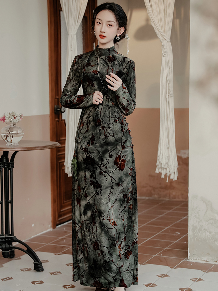 Daqinglongsi national style new Chinese style cheongsam improved dress women's autumn mid-length flocked tie-dye velvet skirt