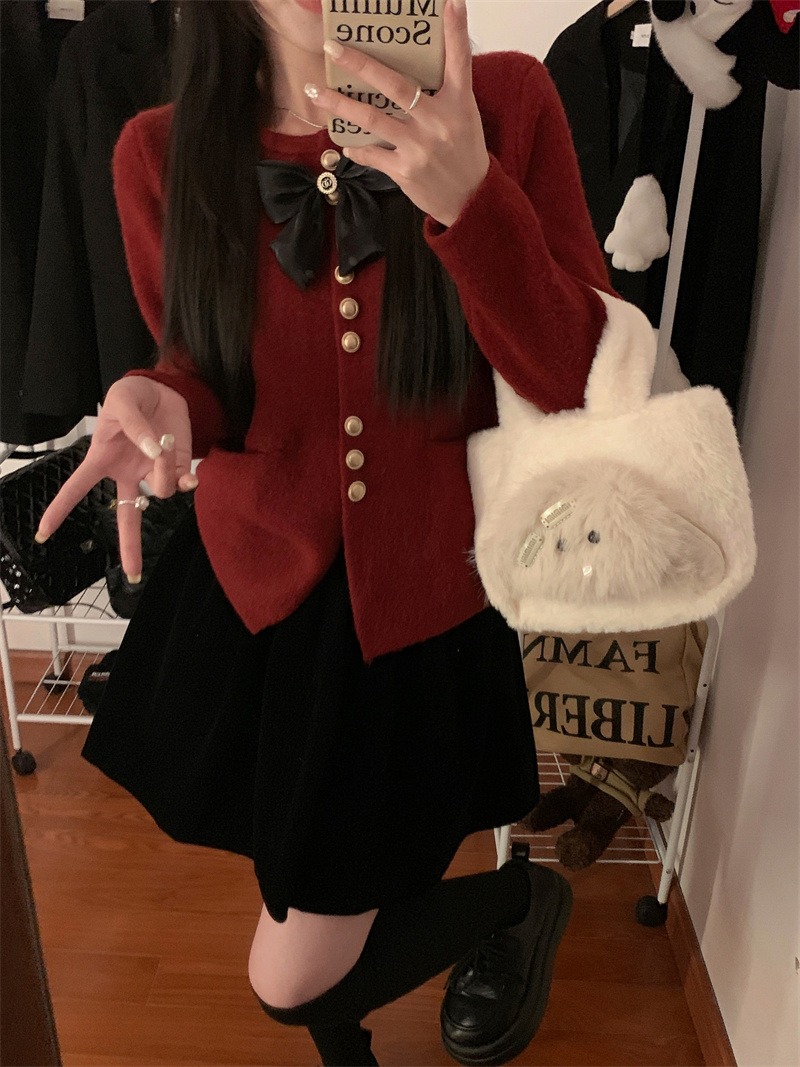 小香風蝴蝶結聖誕新年紅色毛衣開衫女冬季寬鬆慵懶風短款針織上衣