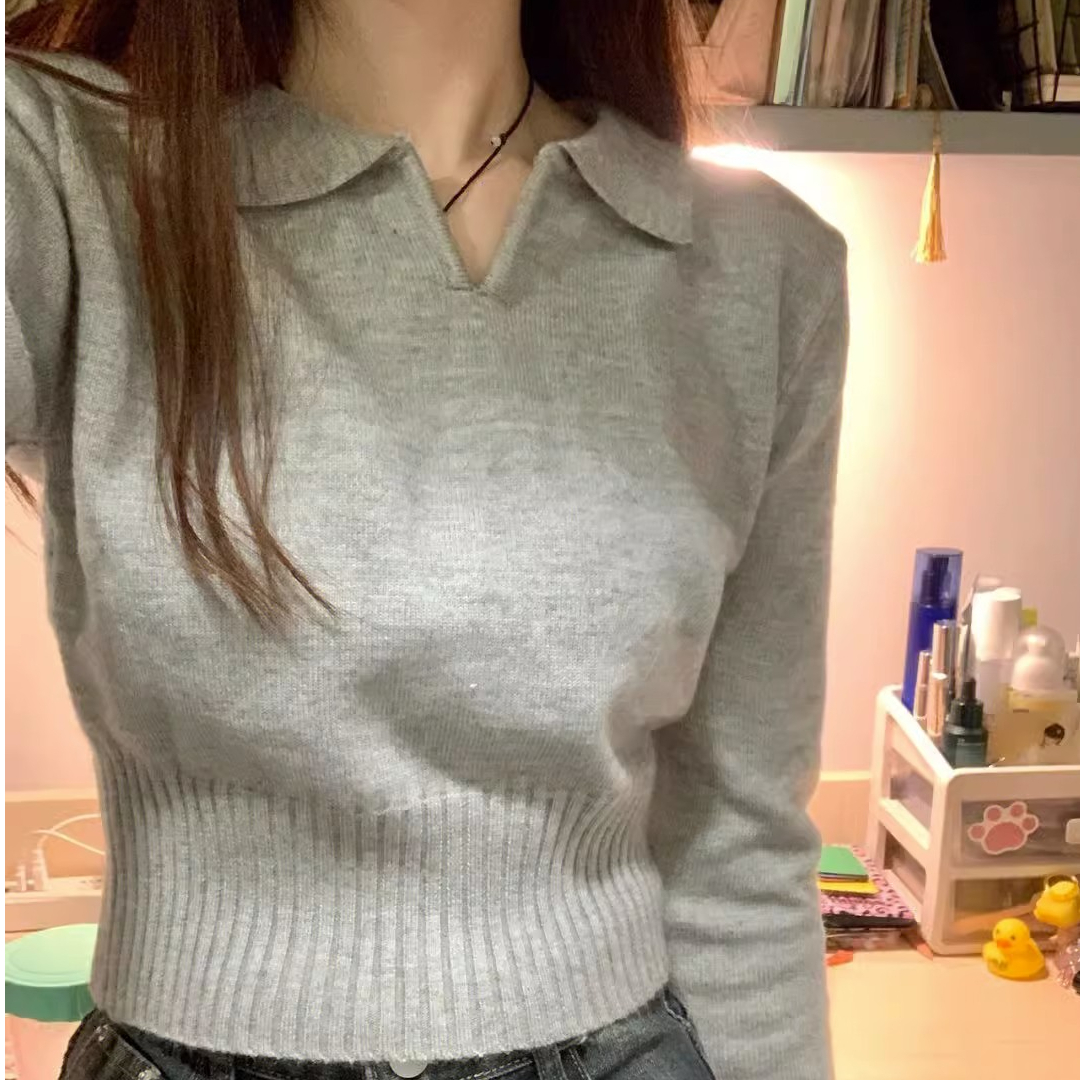 Autumn outfits for small people, slim-fitting short long-sleeved bottoming sweater tops with polo collar and inner sweater for women in autumn and winter