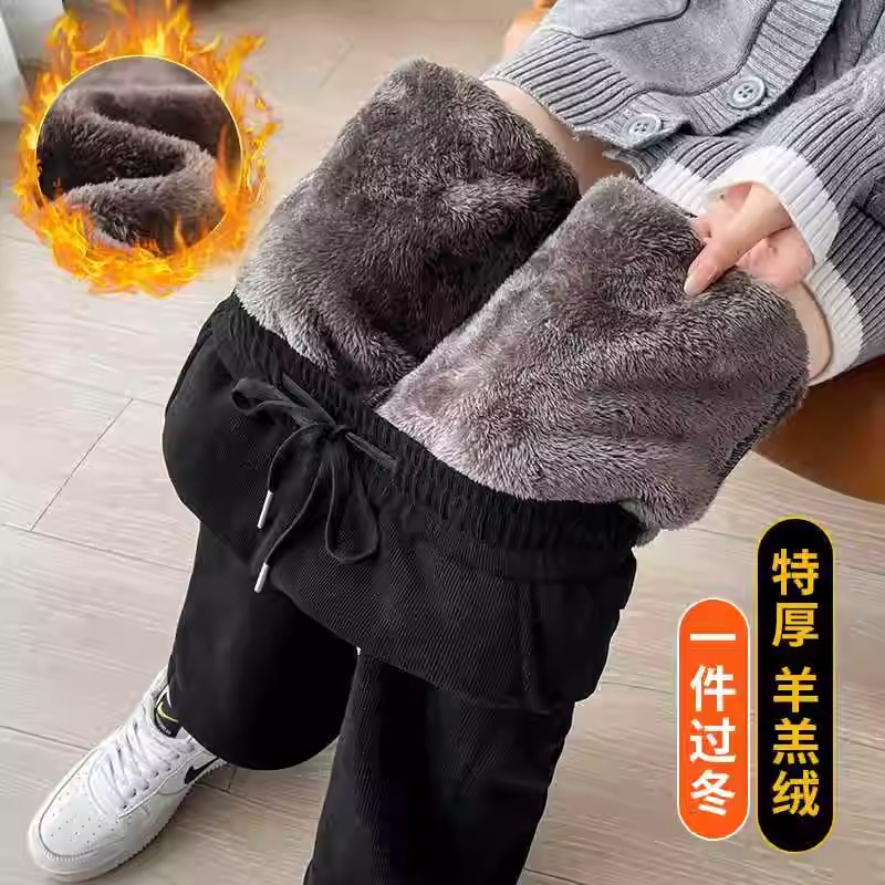 16坑歐棉絨複合北極絨咖色秋冬小個子加絨休閒直筒垂感羊羔絨褲