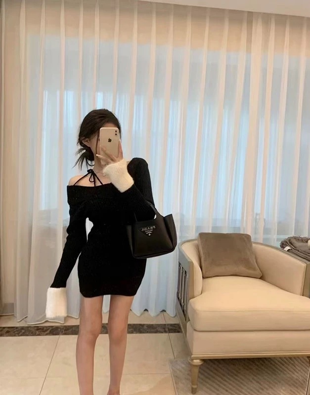 秋冬辣妹拼色袖V領露肩針織包臀短款裙女修身內搭氣質毛衣連衣裙