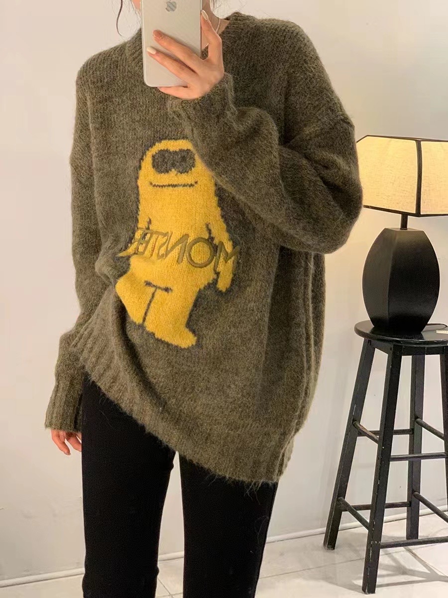 Cartoon mid-length alpaca round neck fashion niche sweater for women green Korean Dongdaemun autumn and winter new style