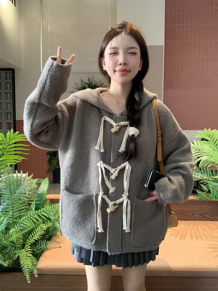 Actual shot of autumn and winter Korean chic simple horn button hooded warm wool cardigan jacket