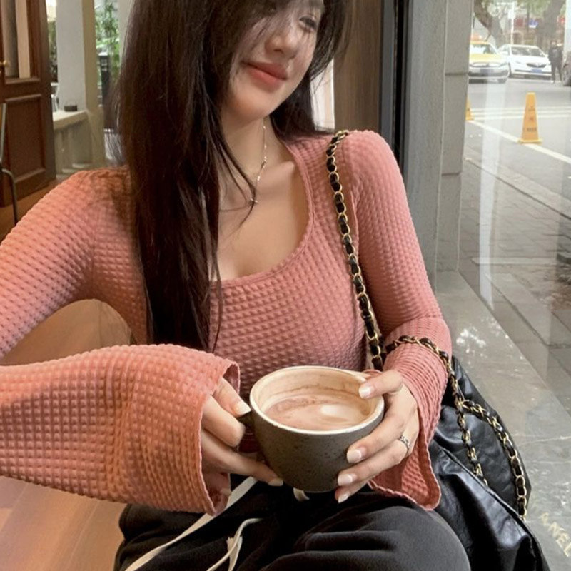 純欲風方領長袖T恤女裝春秋辣妹收腰緊身短款打底上衣
