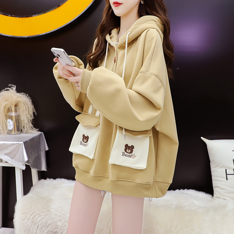 Official picture of China-proof cotton velvet autumn and winter three-dimensional clothing bag bear letter embroidery hooded sweatshirt for women