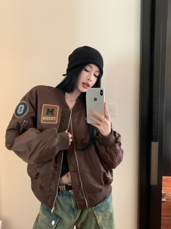 實拍 美式復古加厚夾棉貼圖長袖開衫棒球服百搭夾克棉衣棉服
