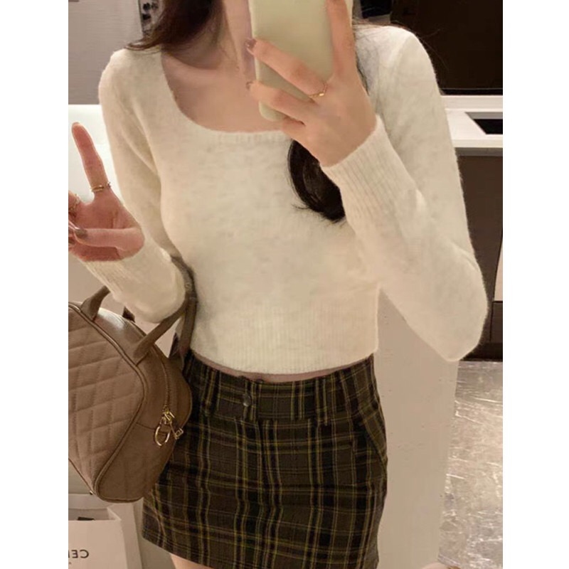 Square collar short soft waxy sweater for women autumn 2023 new pullover short sleeve long-sleeved top versatile base layer shirt