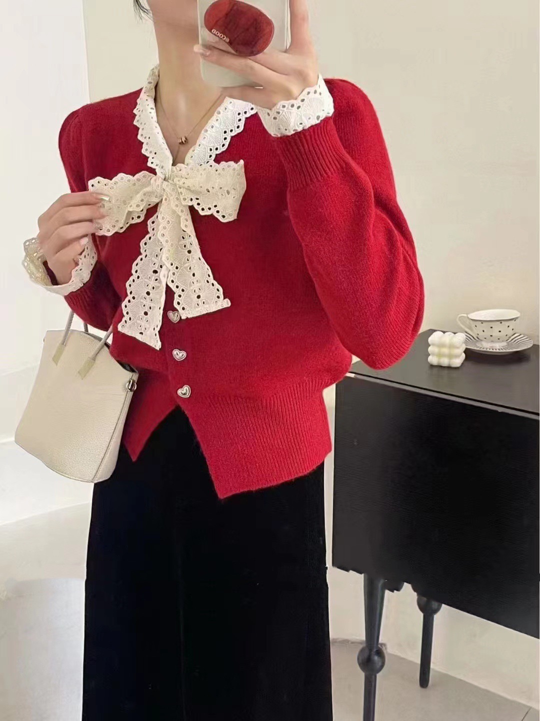 Korean style lace edge knitted cardigan autumn and winter new women's lazy style puff sleeves single breasted sweater jacket