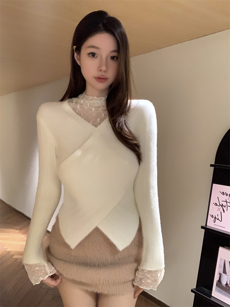 實拍 秋冬韓chic氣質蕾絲假兩件仿水貂毛設計感打底衫