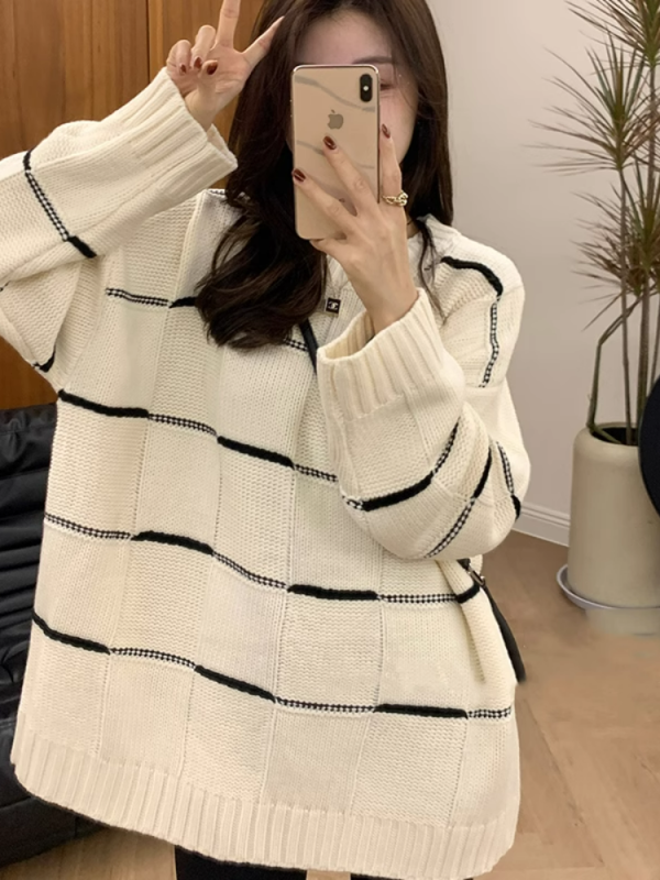 圓領條紋長袖針織衫內搭打底上衣女秋冬季2023新款中長款套頭毛衣