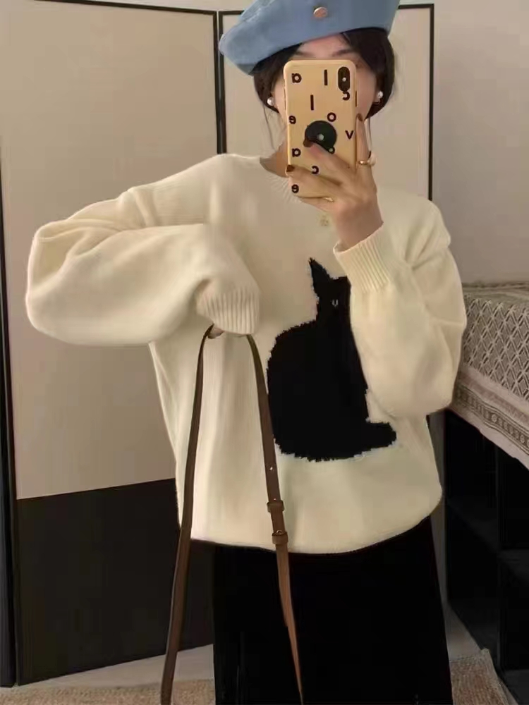 High quality 2024 Korean autumn and winter new cute cat solid color casual versatile pullover sweater top