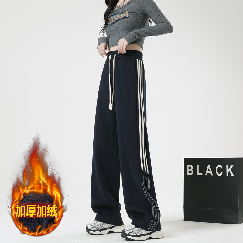 2024 Winter Korean Style Retro Striped Sports Pure Cotton Chinese Cotton Composite Super Sweatpants Straight Leg Casual Wide Leg Pants
