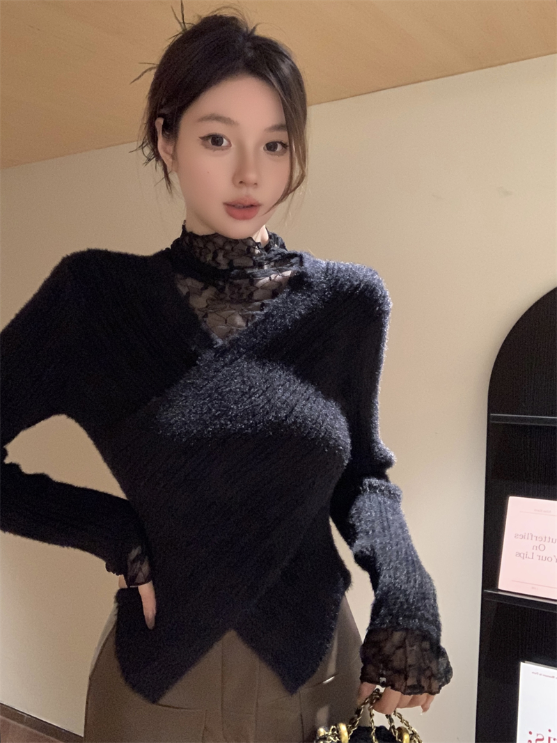 實拍 秋冬韓chic氣質蕾絲假兩件仿水貂毛設計感打底衫