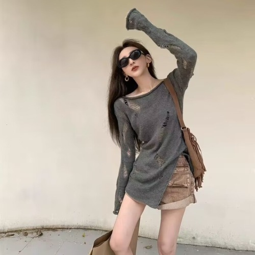 Hong Kong style sun protection blouse for women, new spring style, lazy style, ripped gray sweater, design knitted sweater top