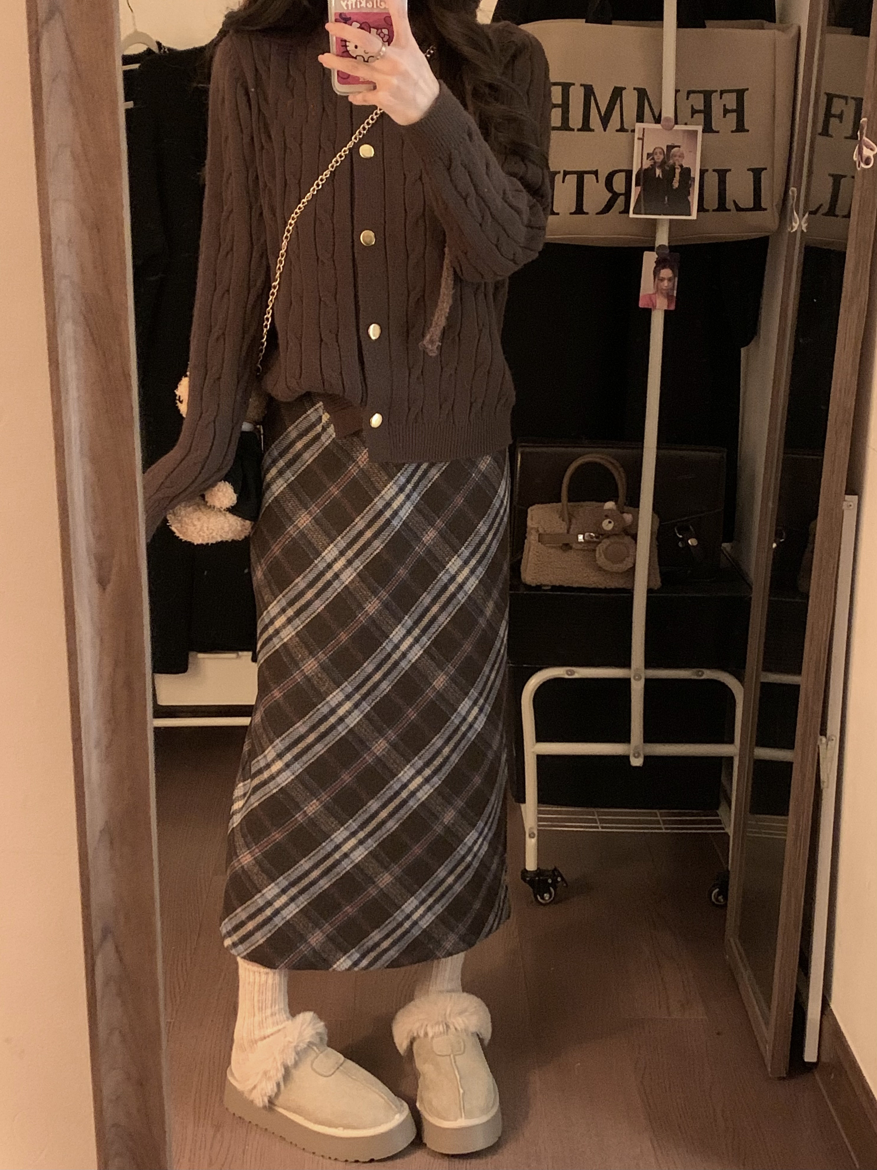 實拍~美拉德穿搭格紋長裙秋季學院風麻花針織開衫外套