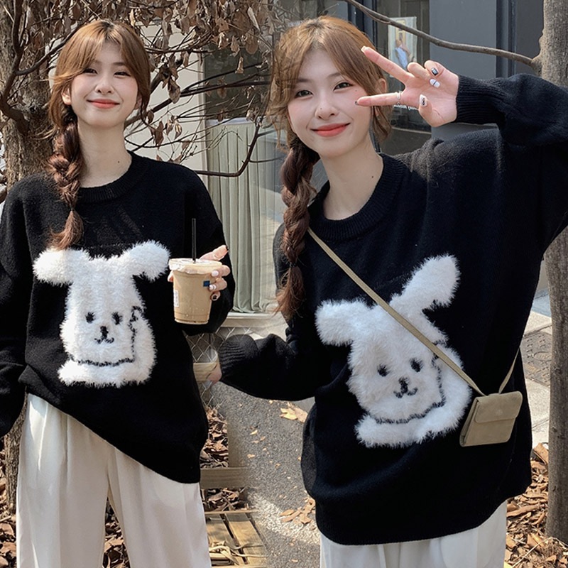 High quality 2024 autumn and winter fun age-reducing plush bunny sweater slimming round neck sweater base
