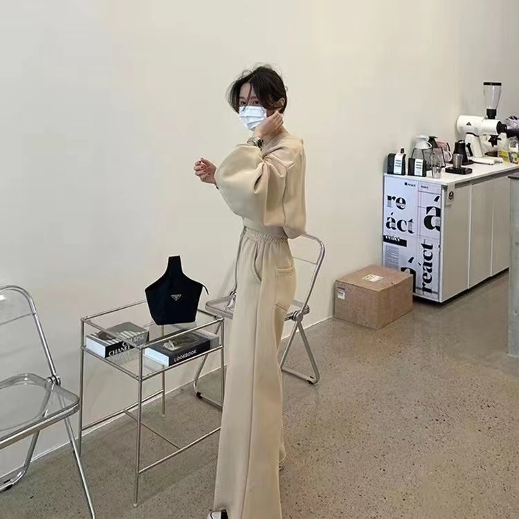 Korean fashion age-reducing casual sweatshirt sports suit for women autumn wide-leg pants hit the street Hong Kong style two-piece set
