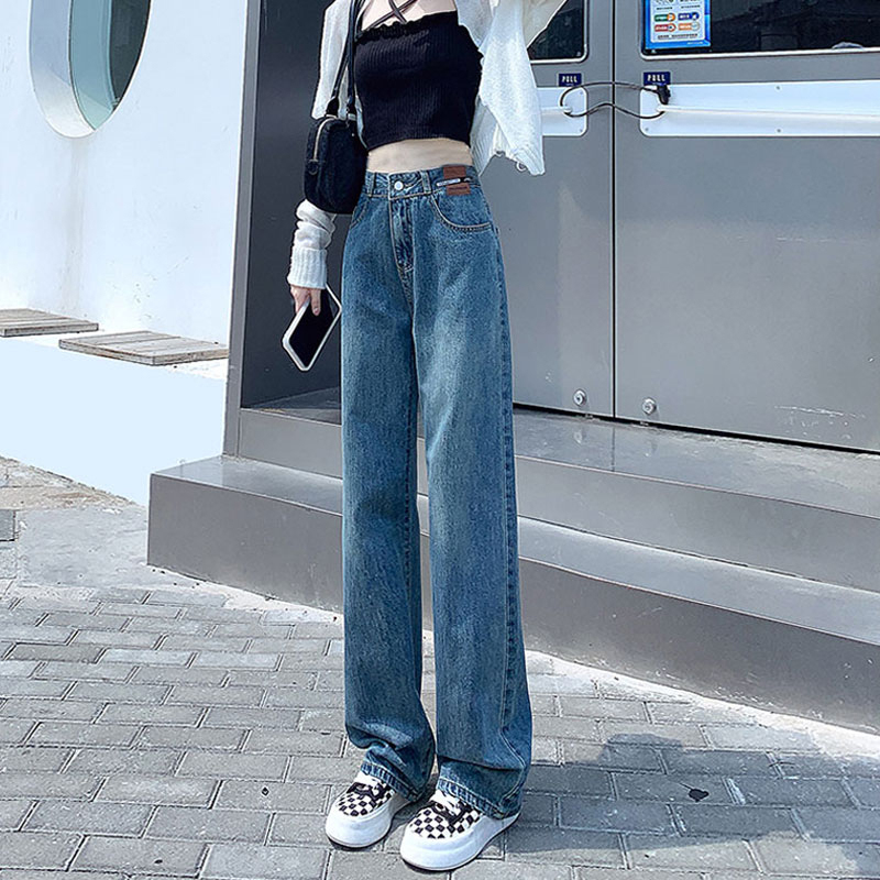 Retro wide-leg jeans for women 2024 niche leather brand design high-waist slim casual straight-leg floor-length jeans