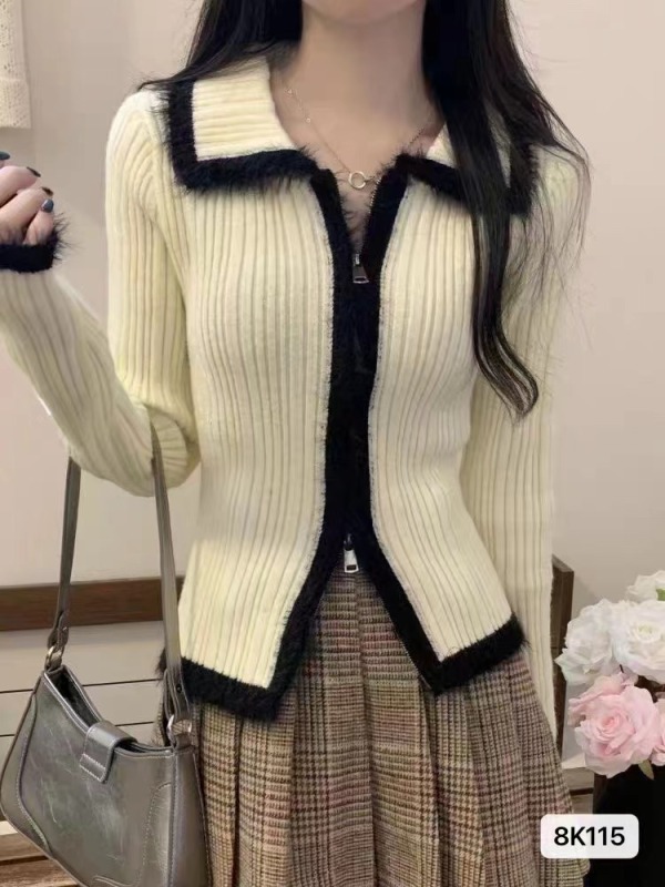 2023秋冬新款韓版甜辣風翻領撞色毛毛雙拉鏈開衫上衣女