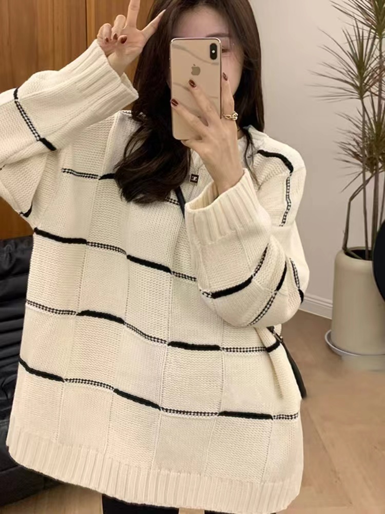Round neck striped long-sleeved sweater with bottoming top for women autumn and winter 2023 new mid-length pullover sweater
