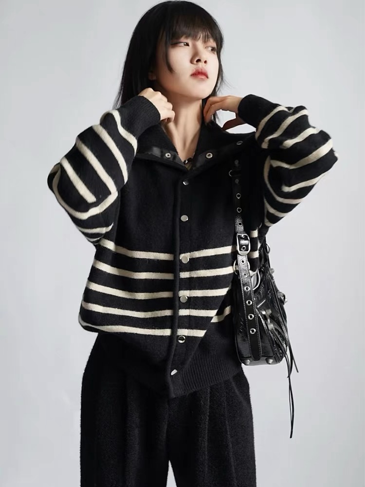 Autumn and winter new Korean style high collar striped single-breasted design knitted cardigan women's niche loose and versatile casual sweater