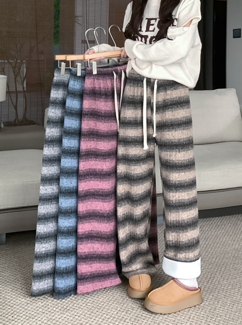 Actual shot of new velvet and thickened retro contrast striped high-waisted slimming wide-leg floor mopping pants